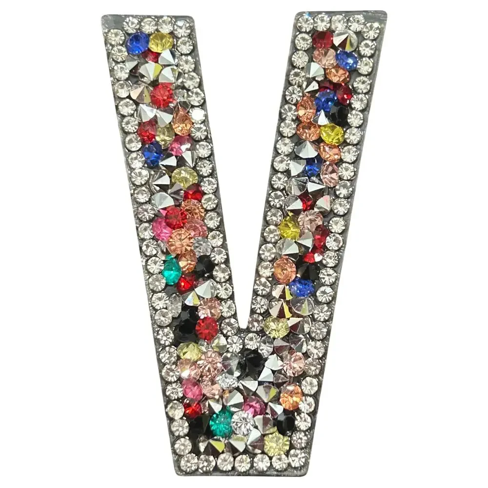 Letter V Multicolor Rhinestone Iron On Patch